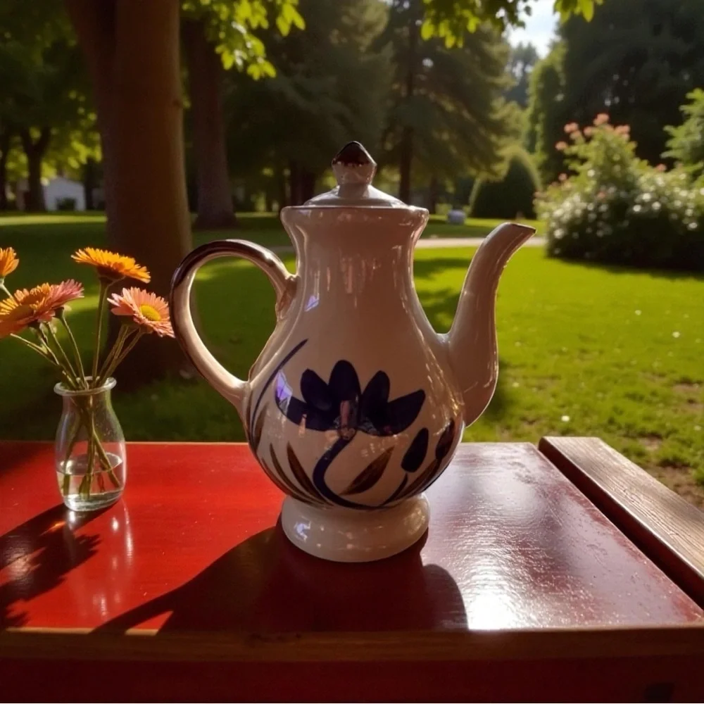 Vintage Pottery Coffee Pot Folk Art Blue Flower Tea Pot Chocolate Pot